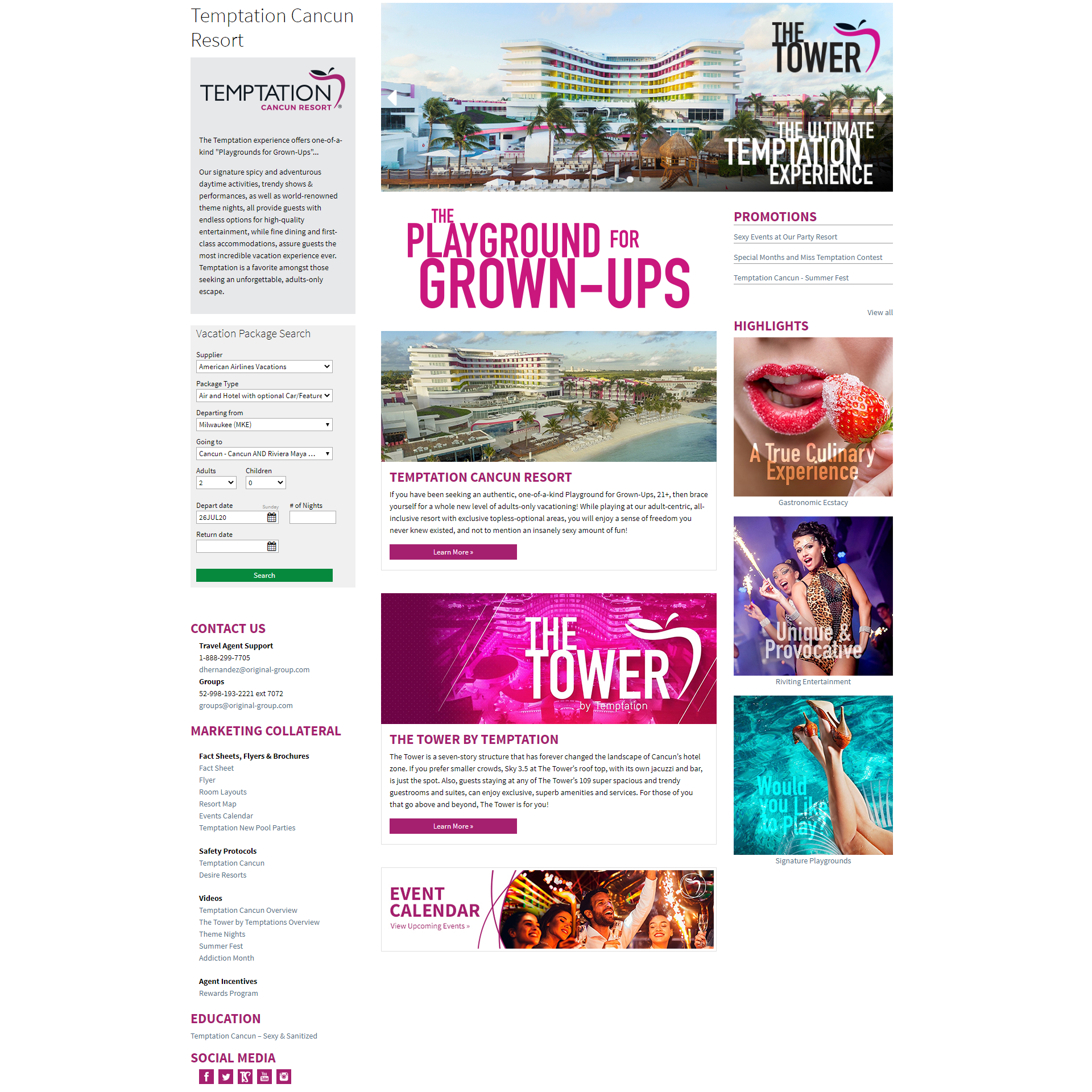 screenshot of Temptation Cancun landing page from VAX VacationAccess